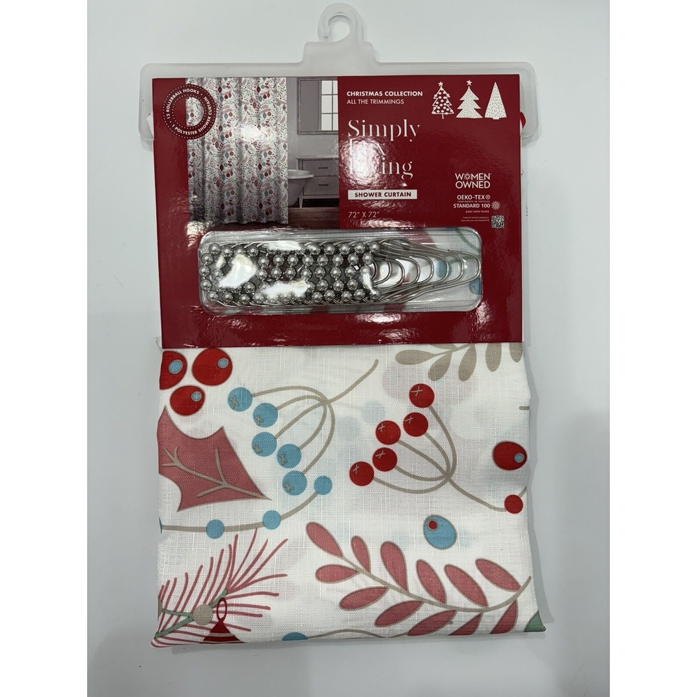Simply Lux Living NWT 'All The Trimmings' Shower Curtain & Hooks Christmas